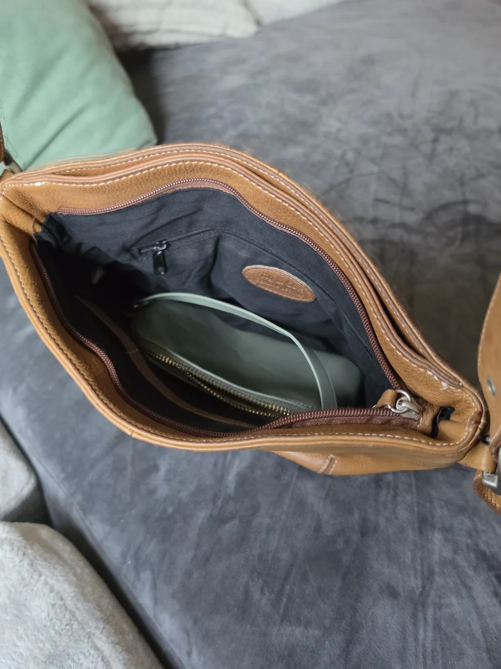 Tignanello Tan Shoulder Tote with Green Pouch